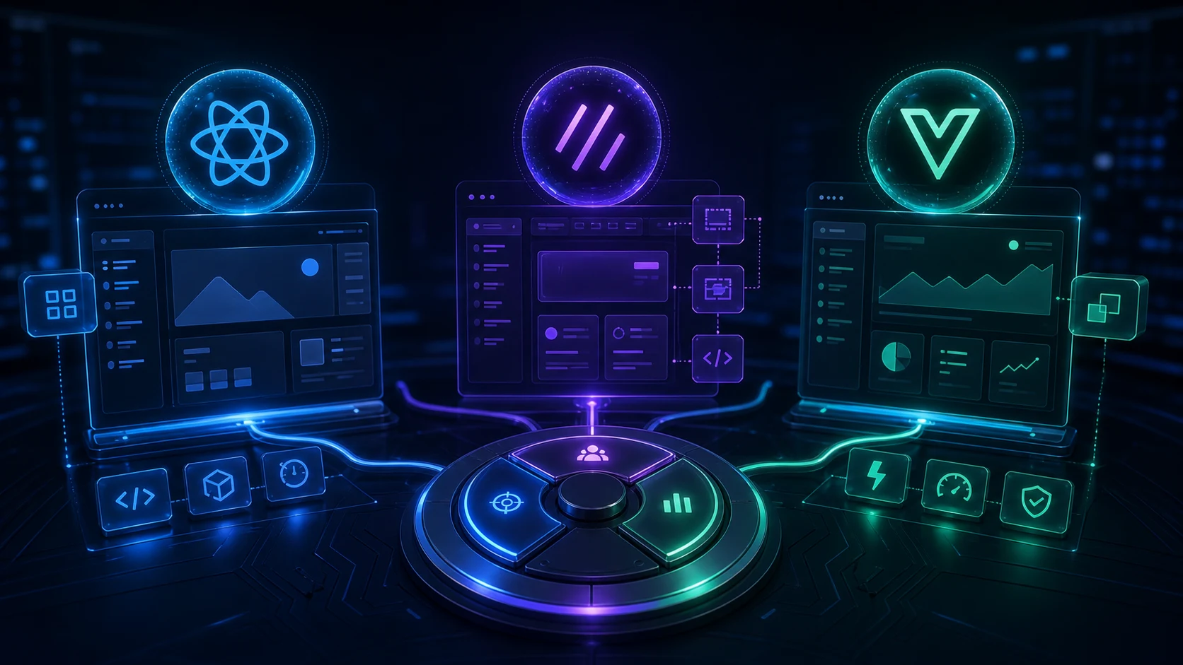 Trois panneaux front-end connectés à un centre de décision